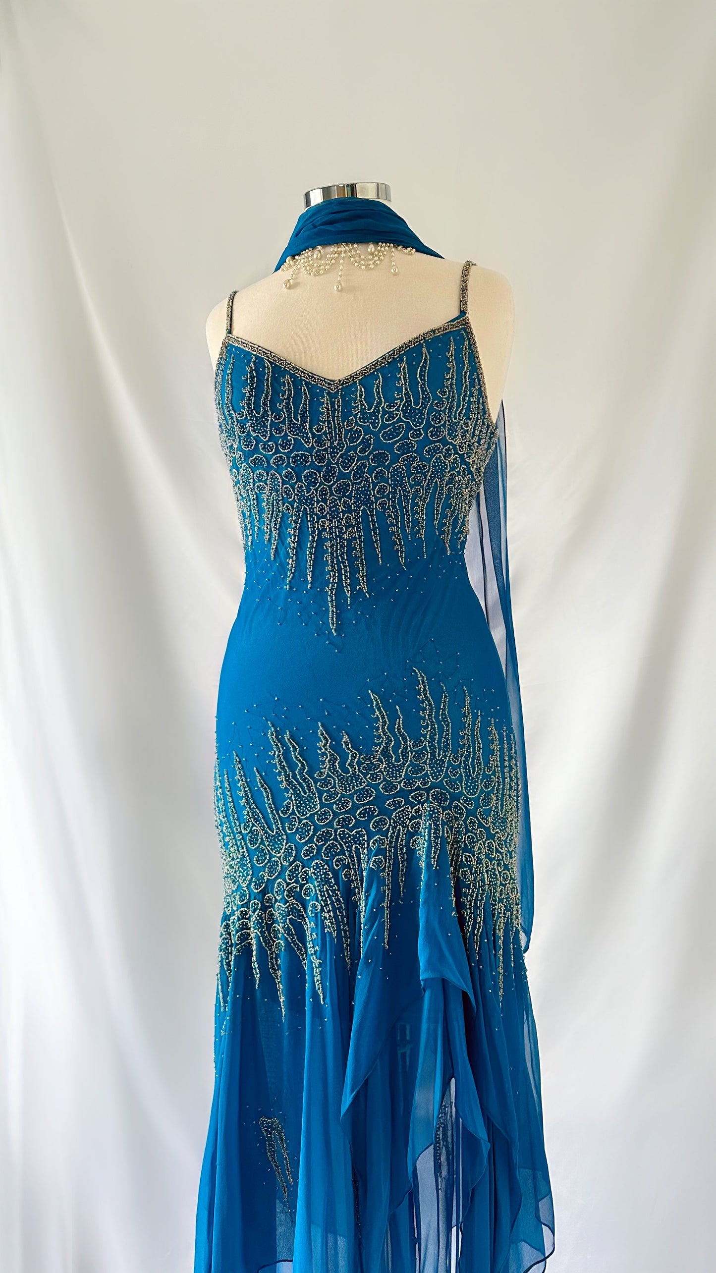 SAPPHIRE ICICLE EMBELLISHED SILK MIDI DRESS & SCARF SET