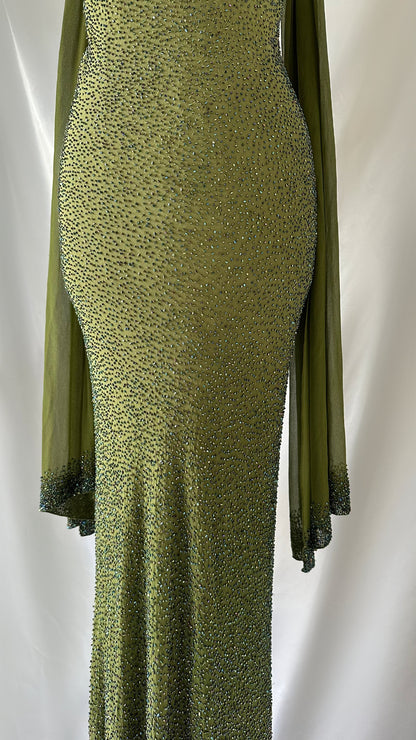 Enchanting Green Silk Highly Embellished Gown with Matching Shawl (S)