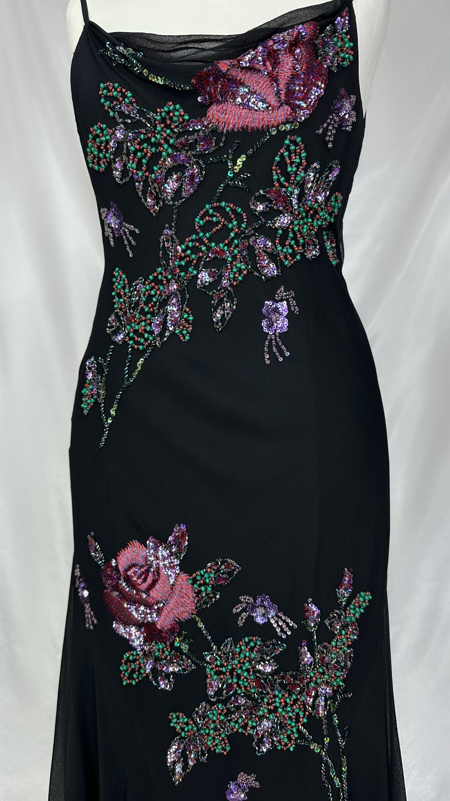 DARK FAIRY FLORAL EMBELLISHED BLACK MIDI SILK DRESS