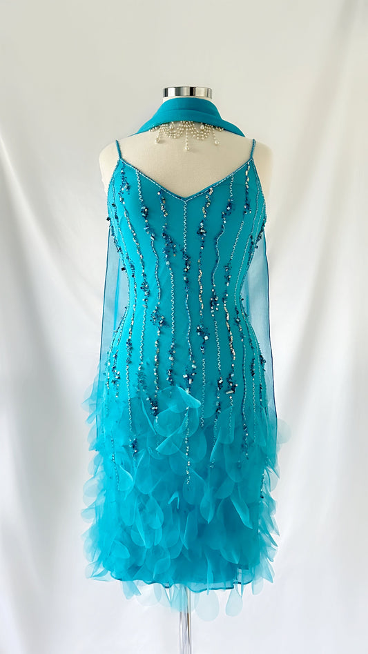 AQUA CASCADE BLOSSOM PETAL SILK MINI DRESS & SCARF SET