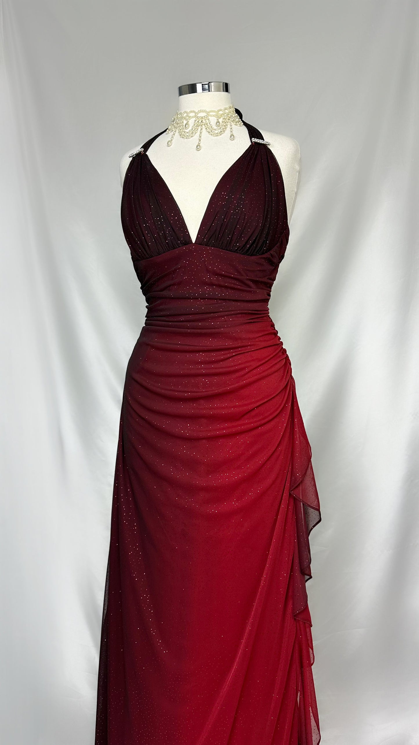 SHIMMERING GARNET OMBRÉ HALTER NECK MAXI DRESS