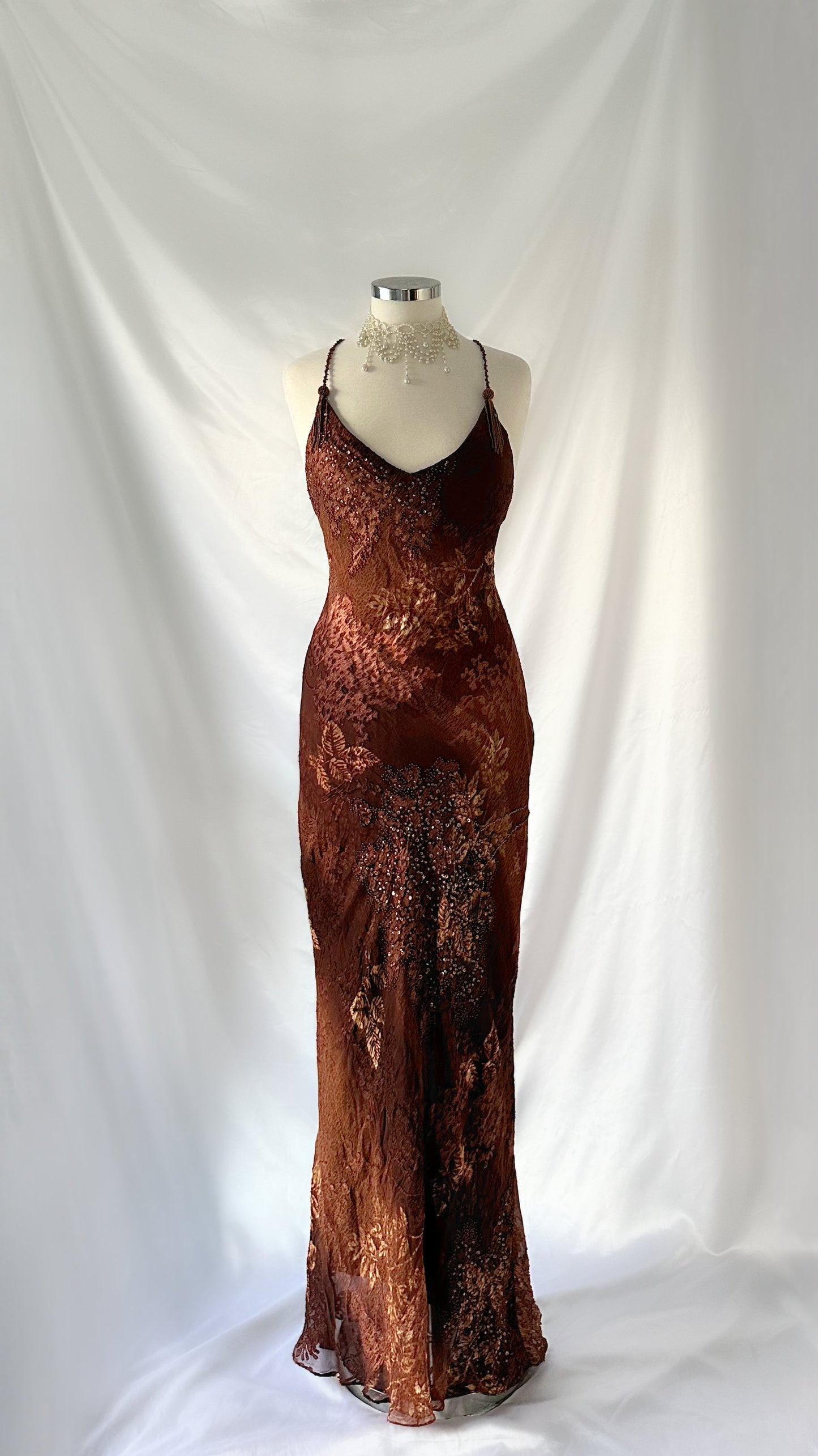 Golden Autumn Leaf 90s Silk Brown & Gold Embellished Backless Gown