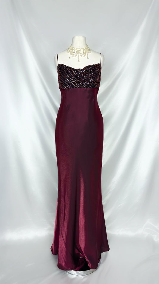 BURGUNDY IRIDESCENT EMBELLISHED COWL MAXI DRESS