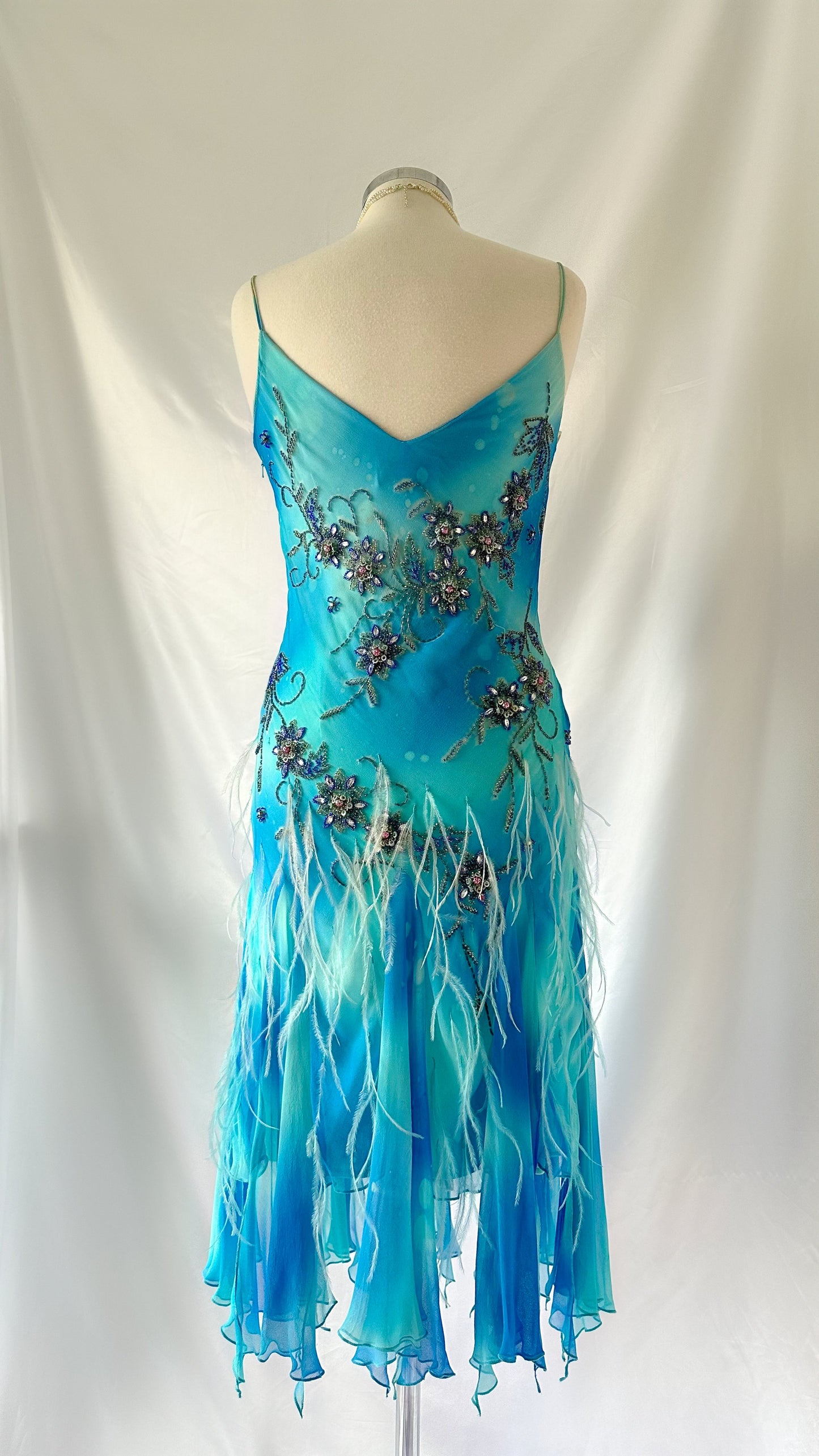 BLUE FEATHER FLORAL EMBELLISHED SILK MIDI DRESS