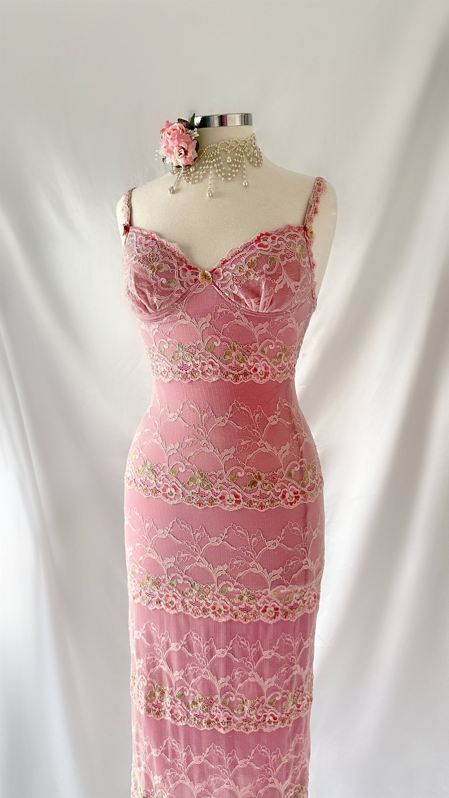 BLUSHING PINK LACE BUSTIER MIDI DRESS