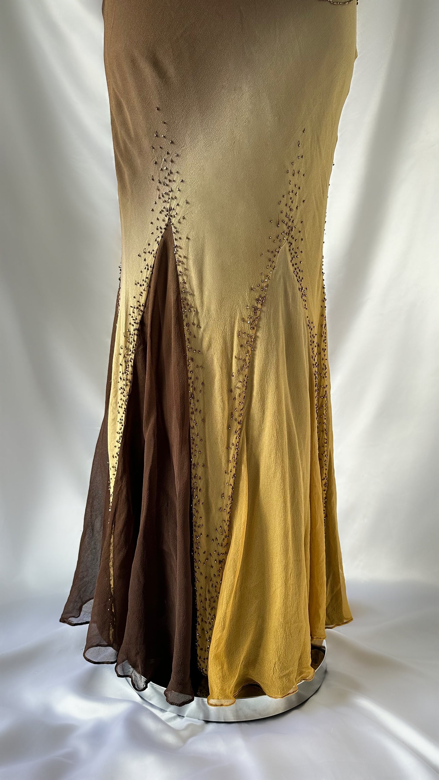 Old Hollywood Vintage Brown & Matte Gold Ombré Silk Embellished Gown