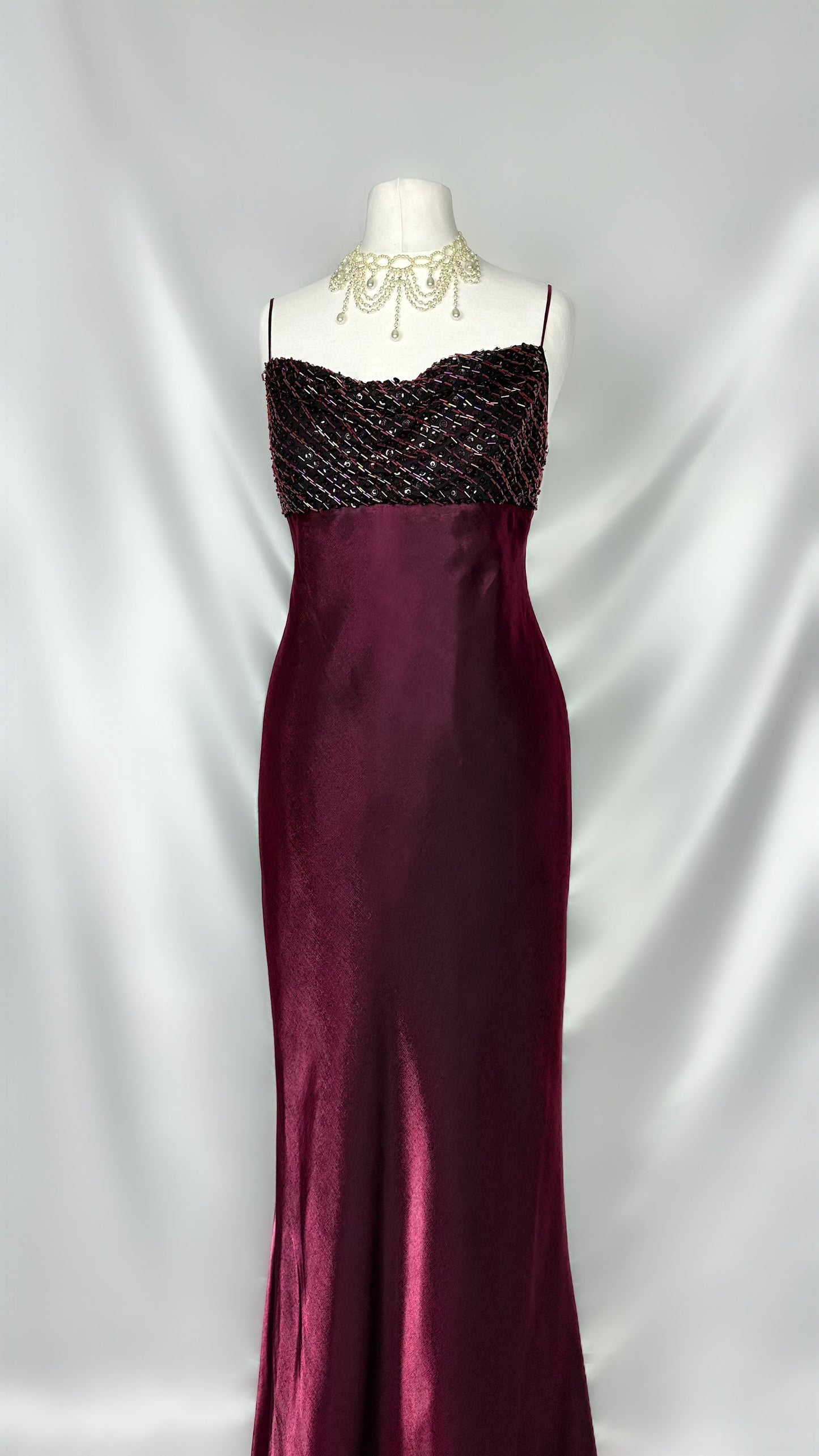 BURGUNDY IRIDESCENT EMBELLISHED COWL MAXI DRESS