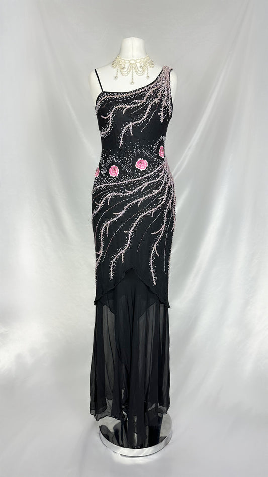 BLACK & PINK FLORAL EMBELLISHED SILK MAXI DRESS