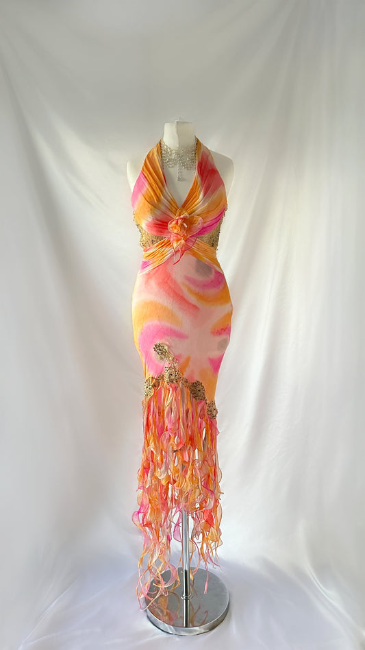 Ruffle Embers Vintage 00s Pink & Yellow Silk Tie Dye Dress
