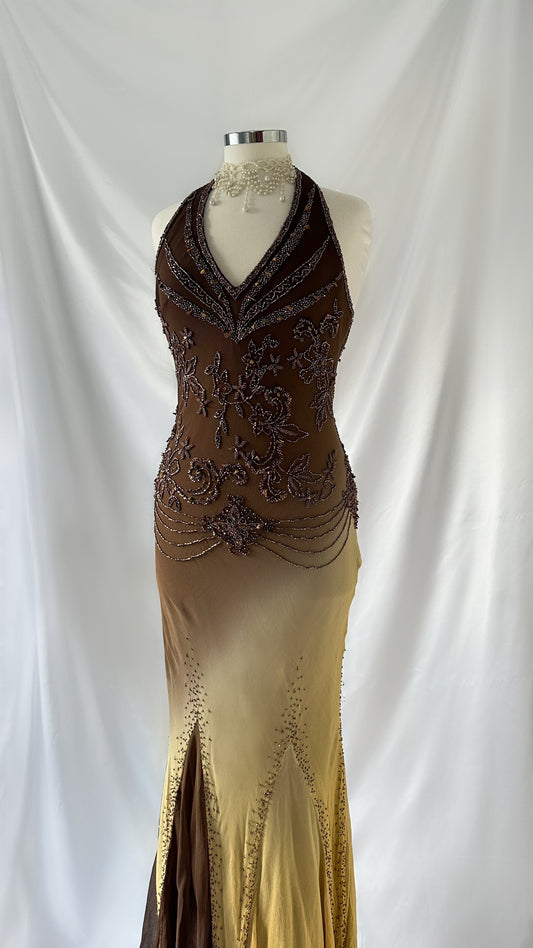 Old Hollywood Vintage Brown & Matte Gold Ombré Silk Embellished Gown