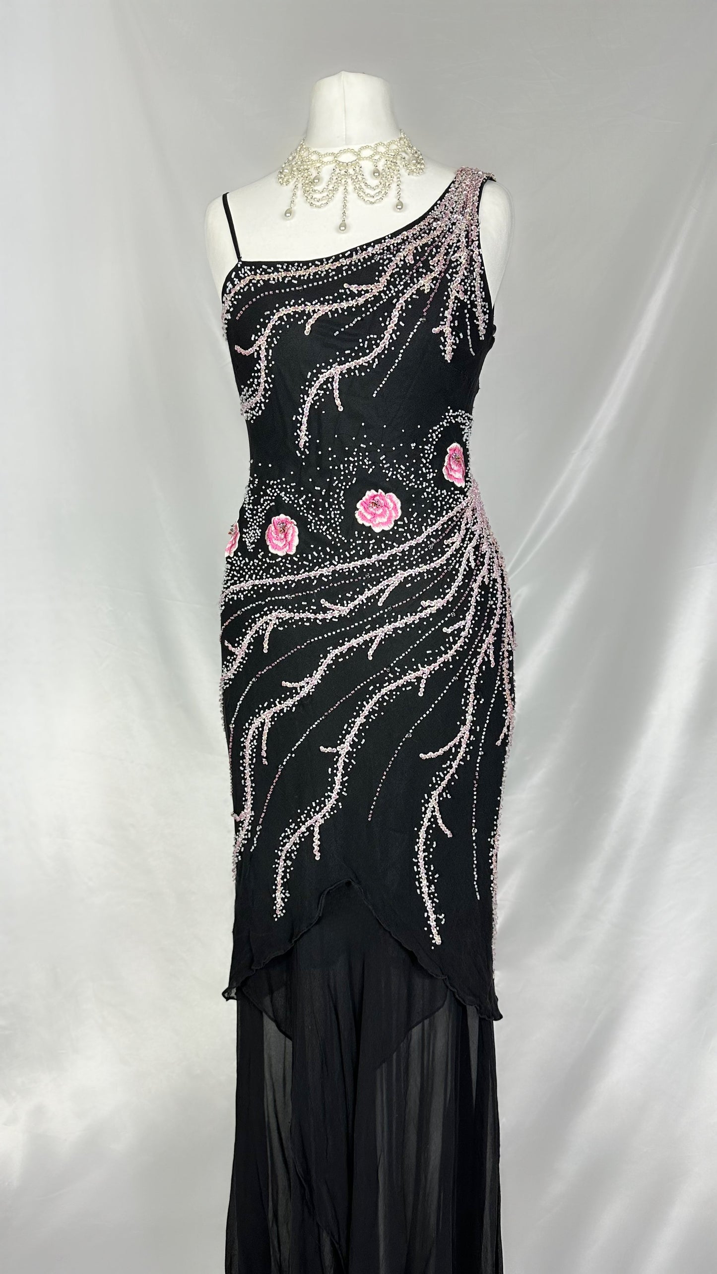 BLACK & PINK FLORAL EMBELLISHED SILK MAXI DRESS