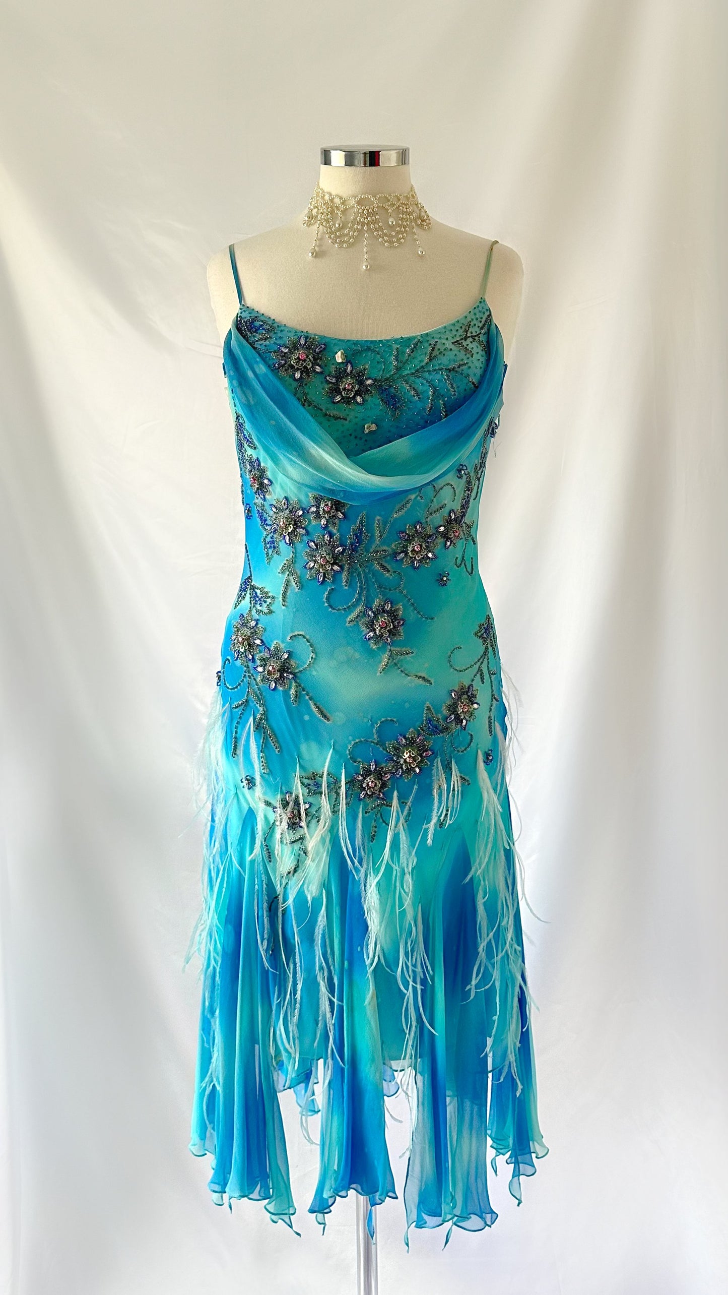 BLUE FEATHER FLORAL EMBELLISHED SILK MIDI DRESS