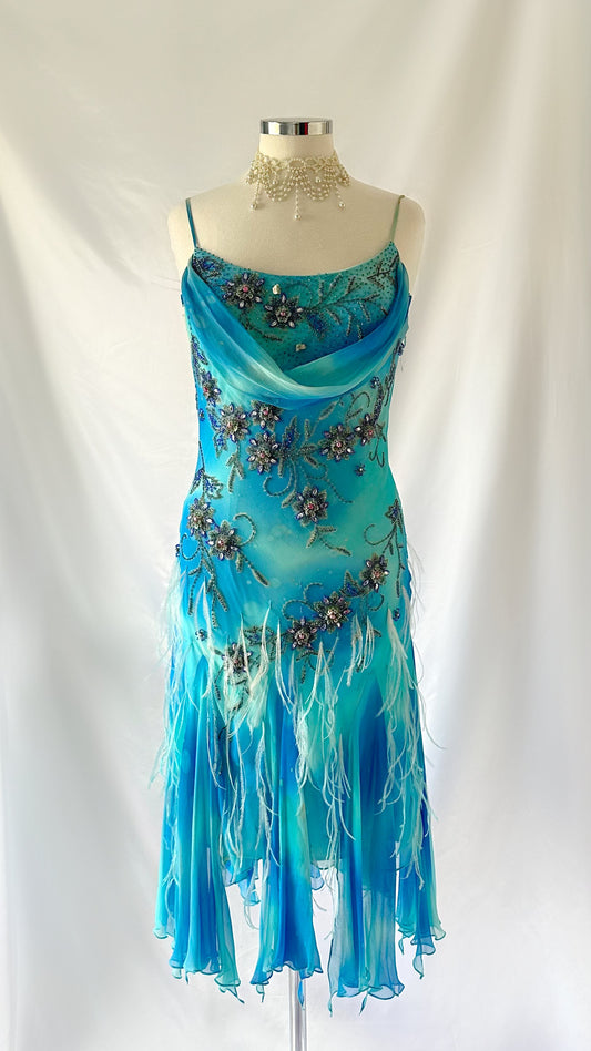 BLUE FEATHER FLORAL EMBELLISHED SILK MIDI DRESS