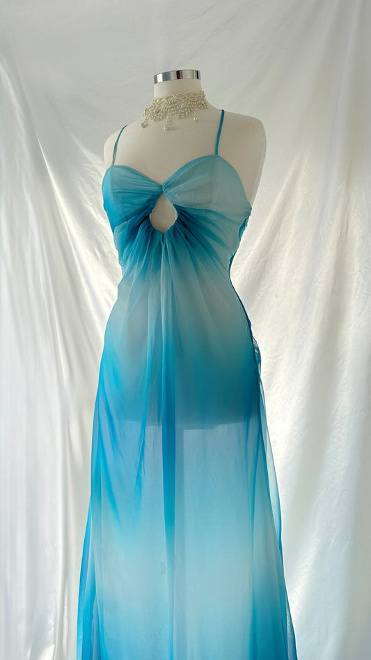 Ocean Paradise Vintage 00s Ombré Blue Silk Sheer Maxi Dress