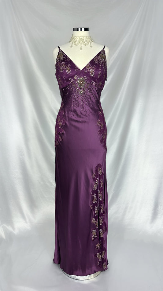 AMETHYST FLORAL EMBELLISHED SILK LEG SLIT GOWN