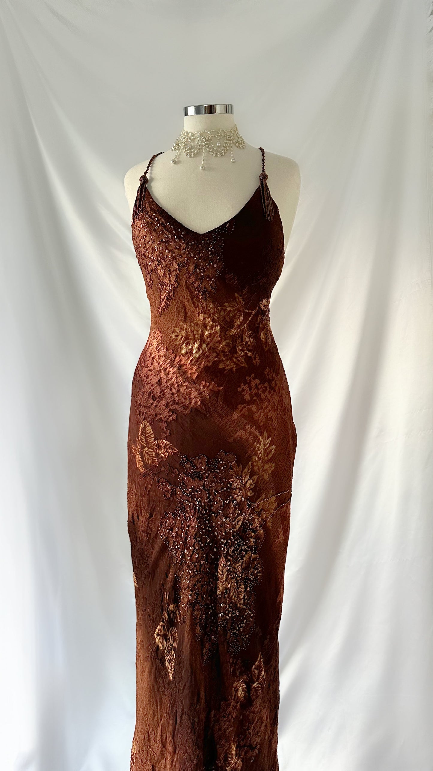 Golden Autumn Leaf 90s Silk Brown & Gold Embellished Backless Gown