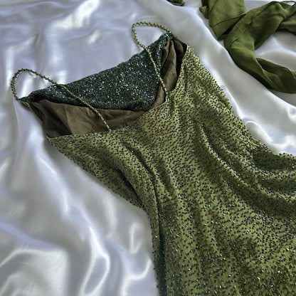 Enchanting Green Silk Highly Embellished Gown with Matching Shawl (S)