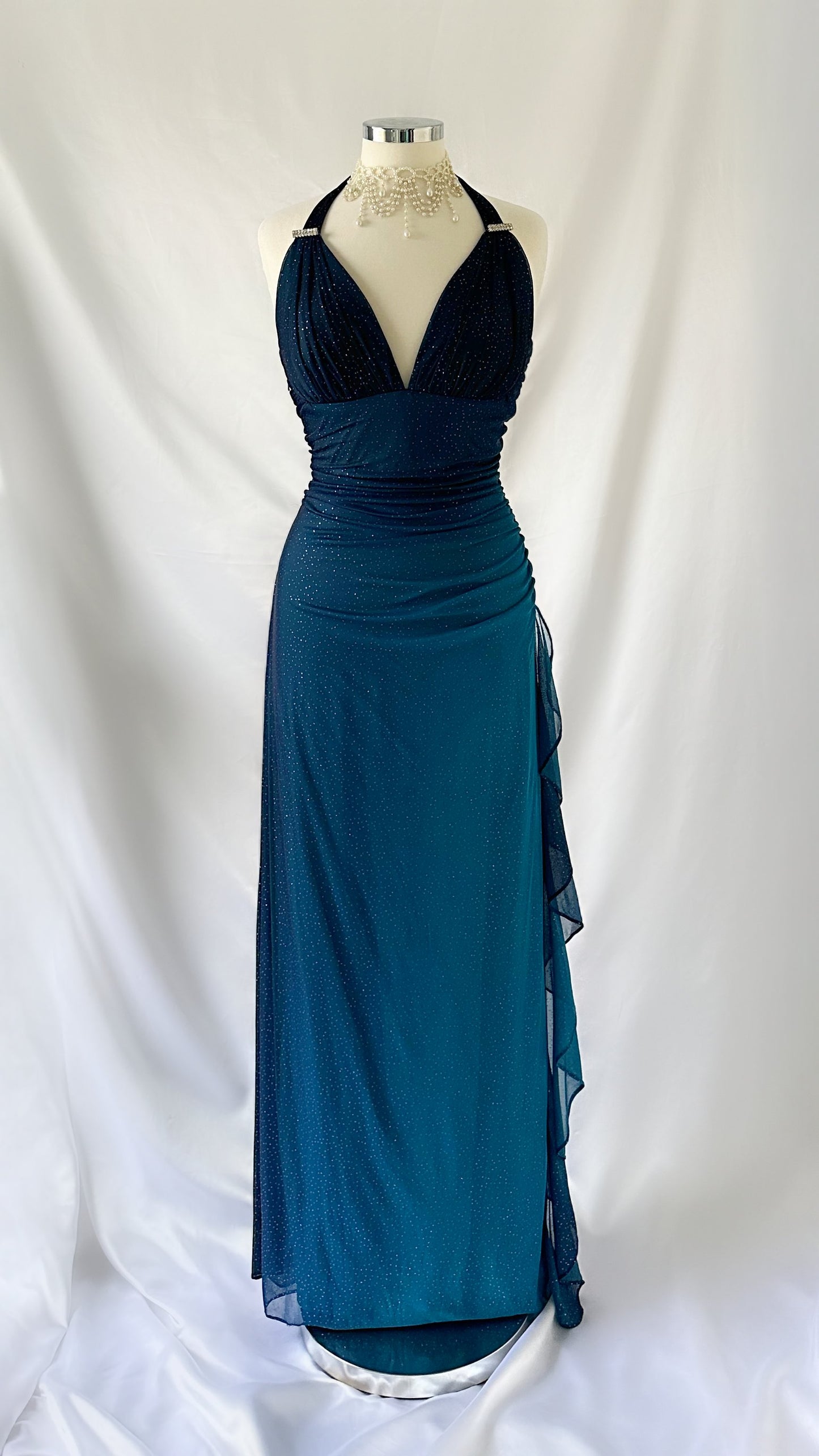 TURQUOISE MIDNIGHT SHIMMER OMBRÉ HALTER GOWN