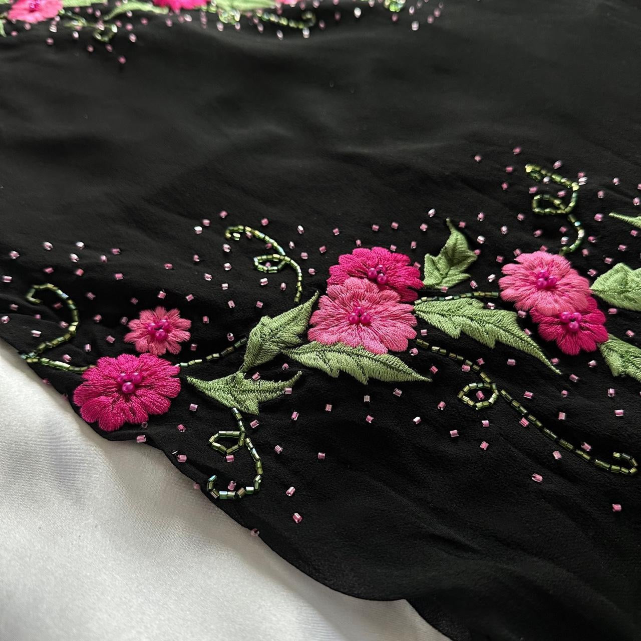 Midnight Romance Pink Floral Embroidered Black Silk Maxi Dress