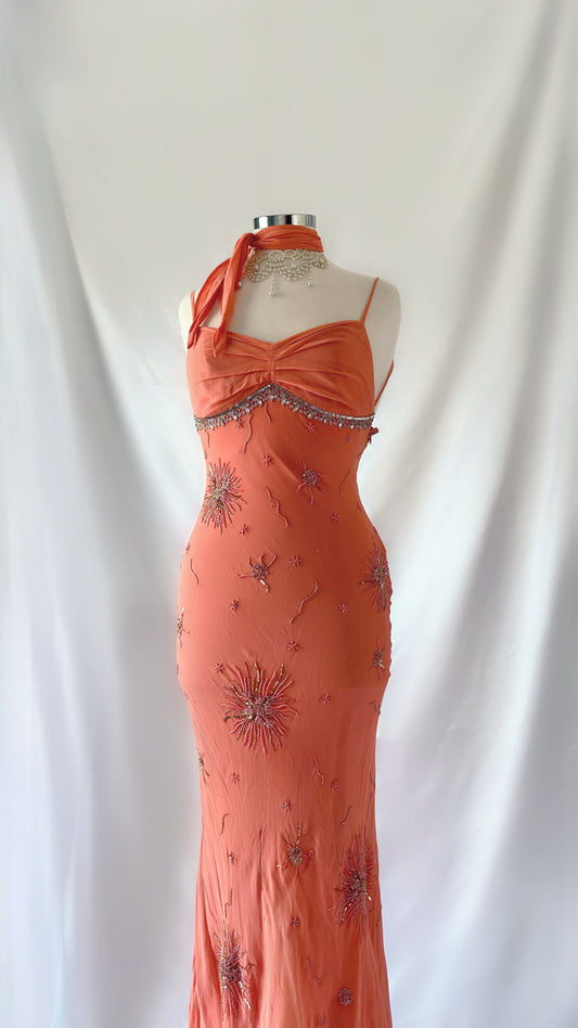 Unreal 90s Vintage Peach Coral Embellished Silk Backless Dress & Matching Neck Tie Set