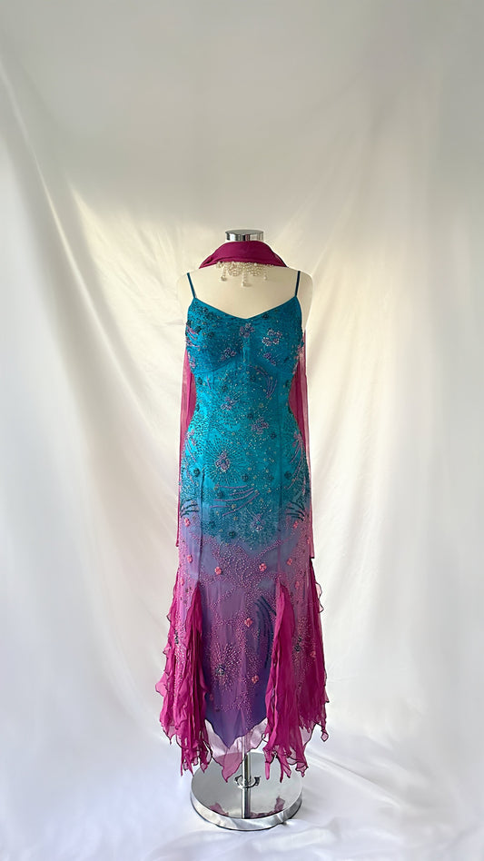 Whimsical 90s Cyan Blue & Magenta Ombré Embellished Midaxi Set