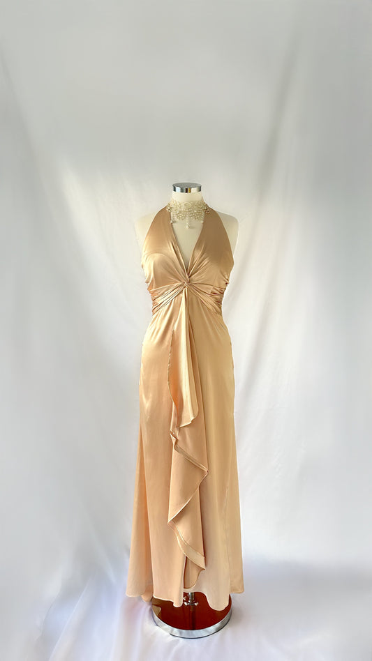 Elegant 90s Vintage Gold Halter Neck Twist Bust Maxi Dress