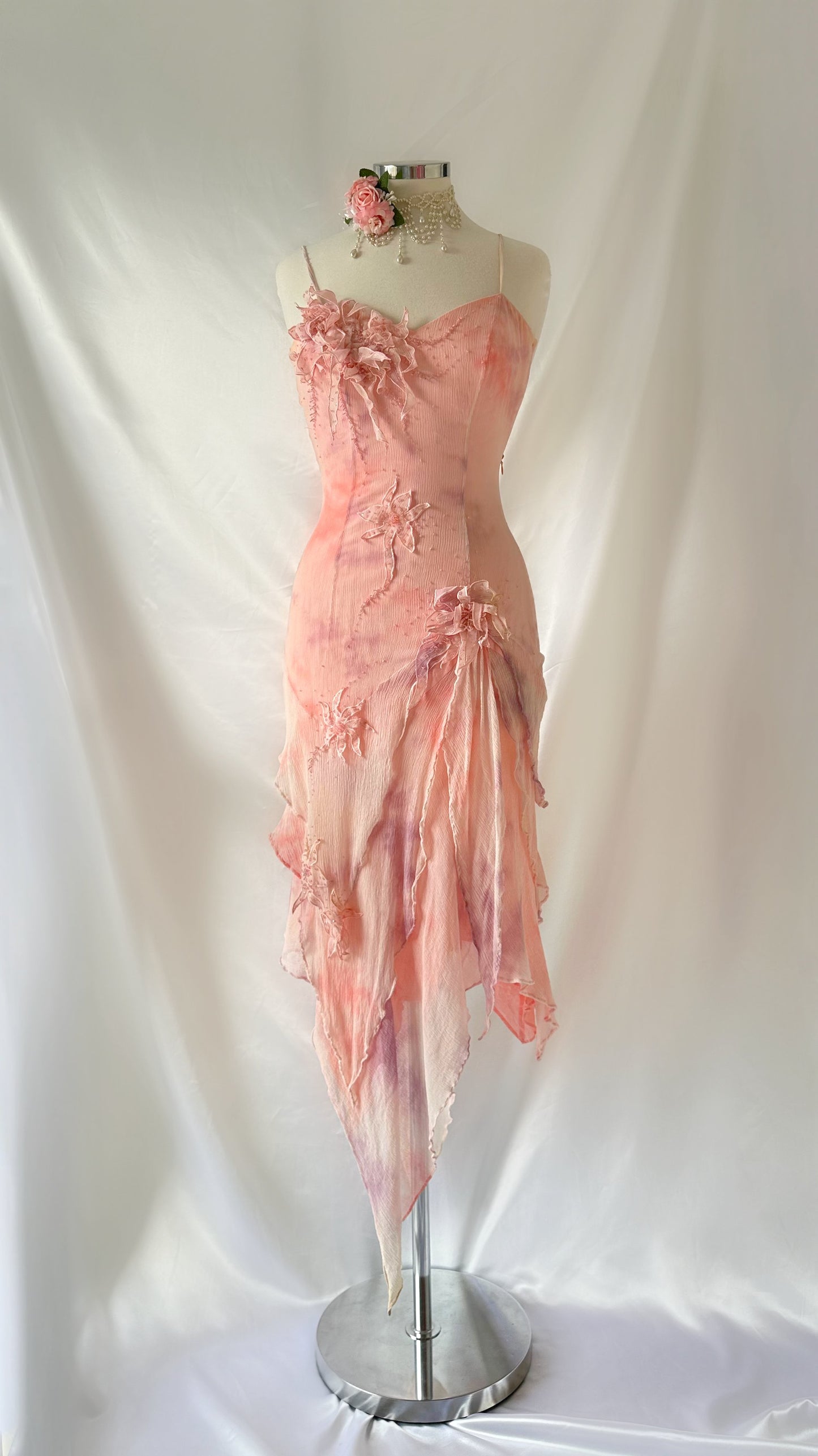 Dreamy Vintage 90s Blush Pink Asymmetrical Silk Fairy Midi Dress