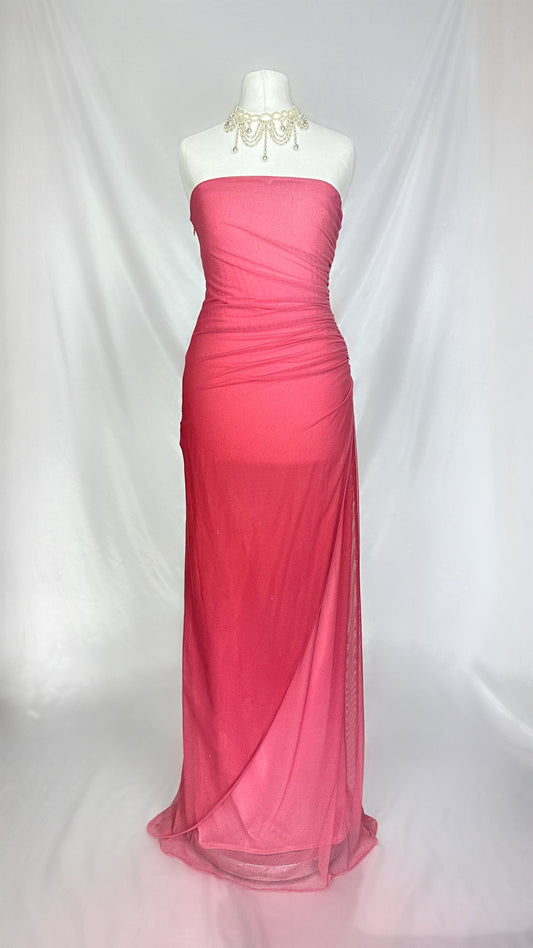 SUNSET PEACH PINK OMBRÉ STRAPLESS SHIMMERY MAXI DRESS