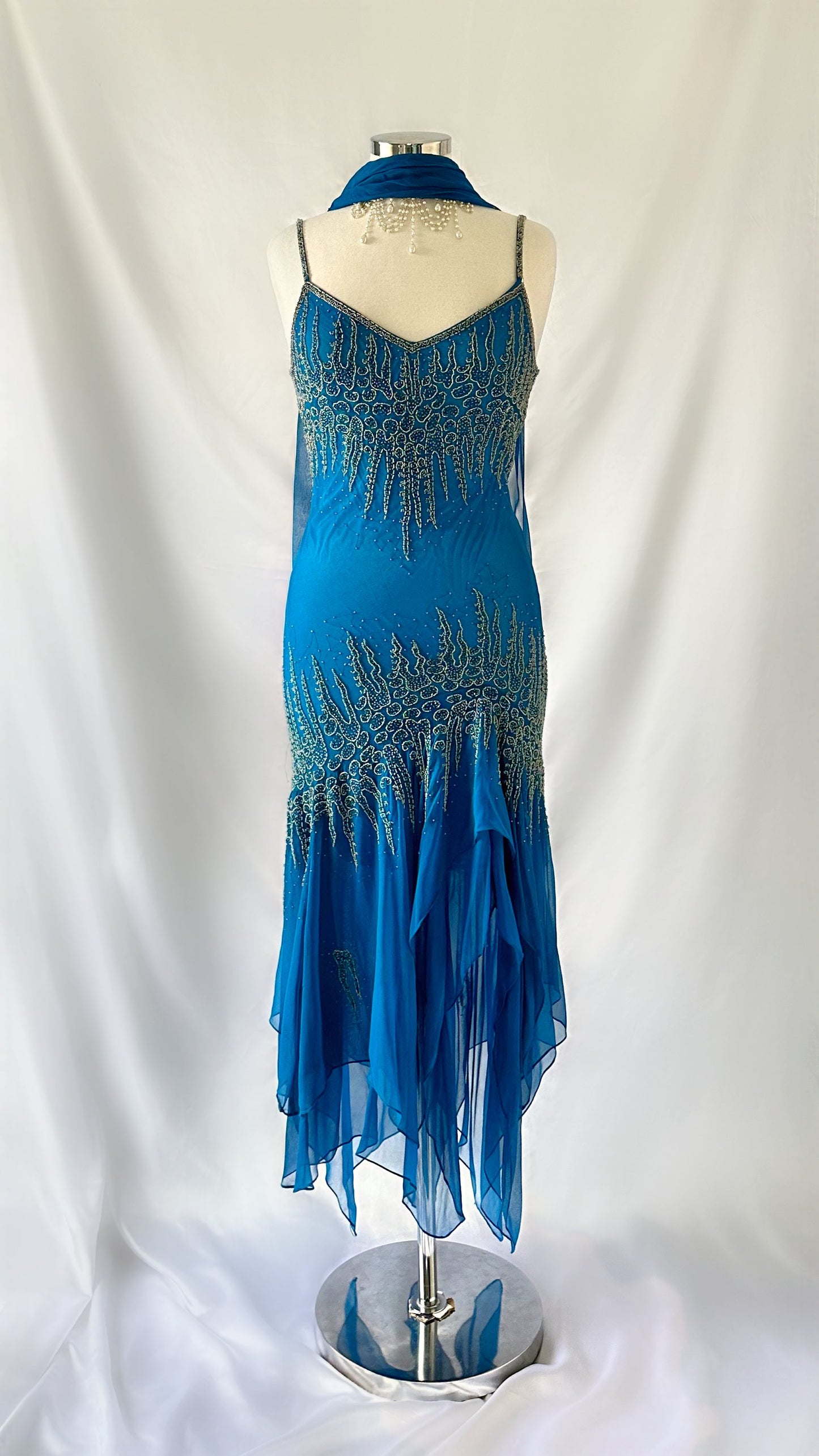 SAPPHIRE ICICLE EMBELLISHED SILK MIDI DRESS & SCARF SET