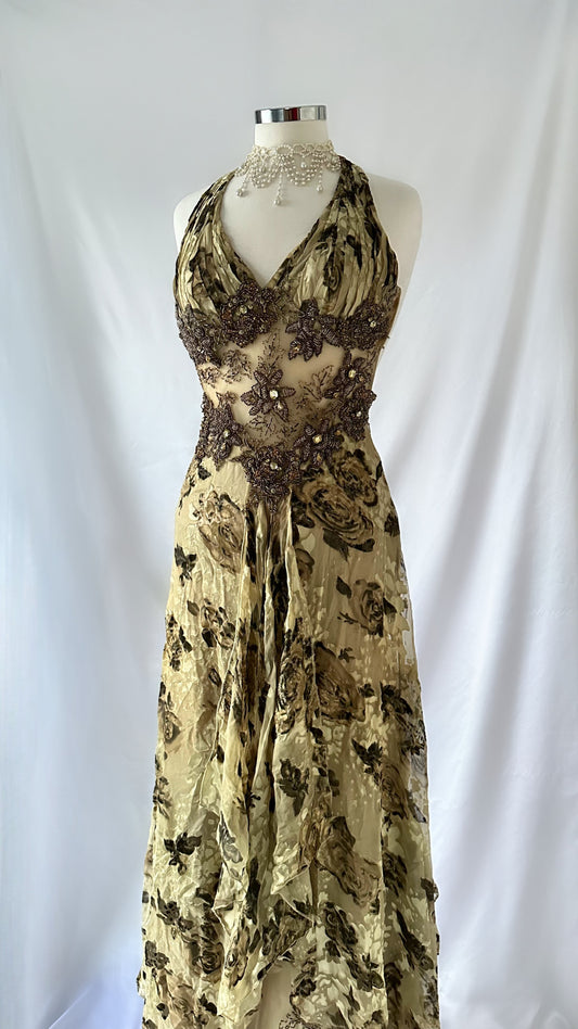 Gorgeous Golden Rose Silk Mesh Cut Out Embellished Gown