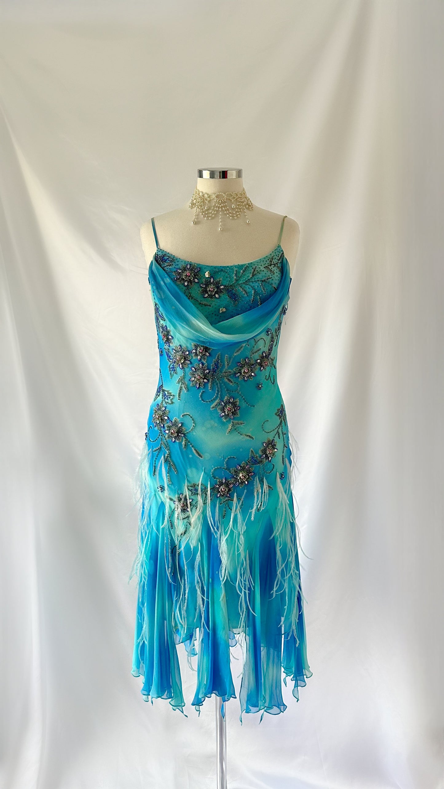 BLUE FEATHER FLORAL EMBELLISHED SILK MIDI DRESS