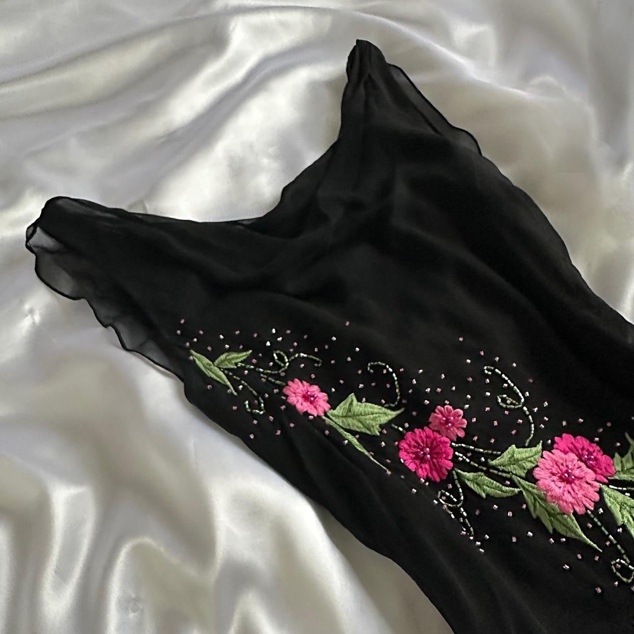 Midnight Romance Pink Floral Embroidered Black Silk Maxi Dress