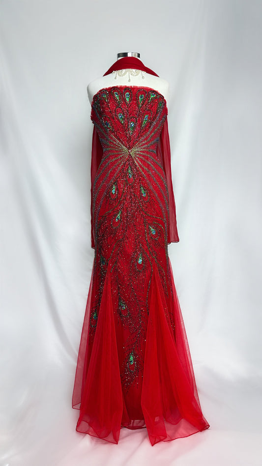 RUBY EMBELLISHED PEACOCK SILK STRAPLESS GOWN WITH MATCHING SCARF