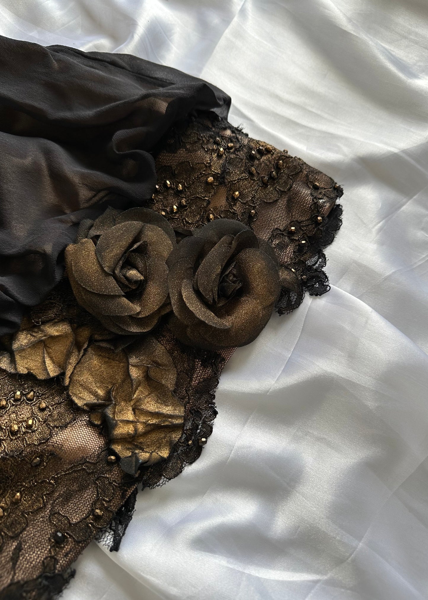 Burnt Golden Embers Vintage Floral Appliqué Bubble Hem Silk Mini Dress