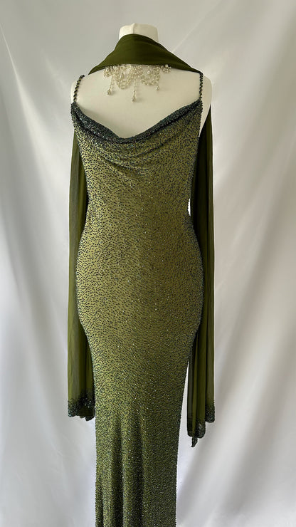 Enchanting Green Silk Highly Embellished Gown with Matching Shawl (S)