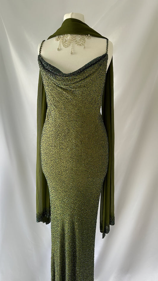 Enchanting Green Silk Highly Embellished Gown with Matching Shawl