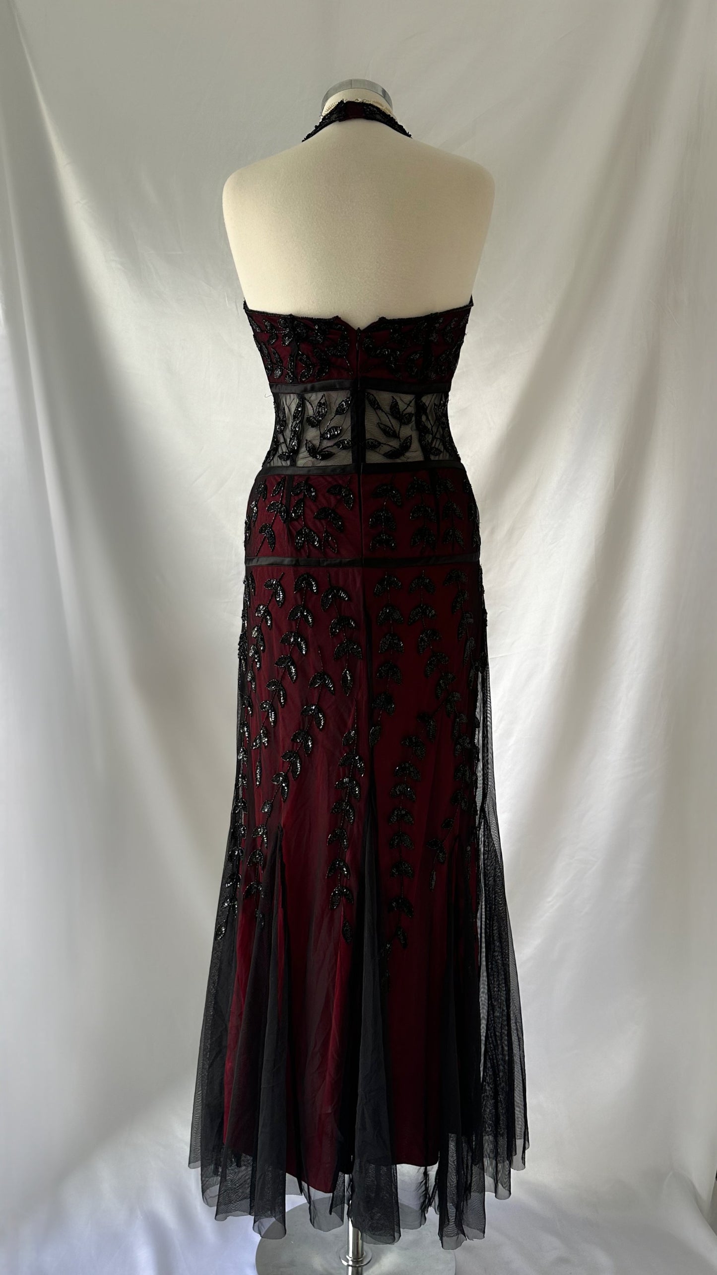 Vampy Vintage 90s Wine Red Embellished Cut-Out Maxi Dress