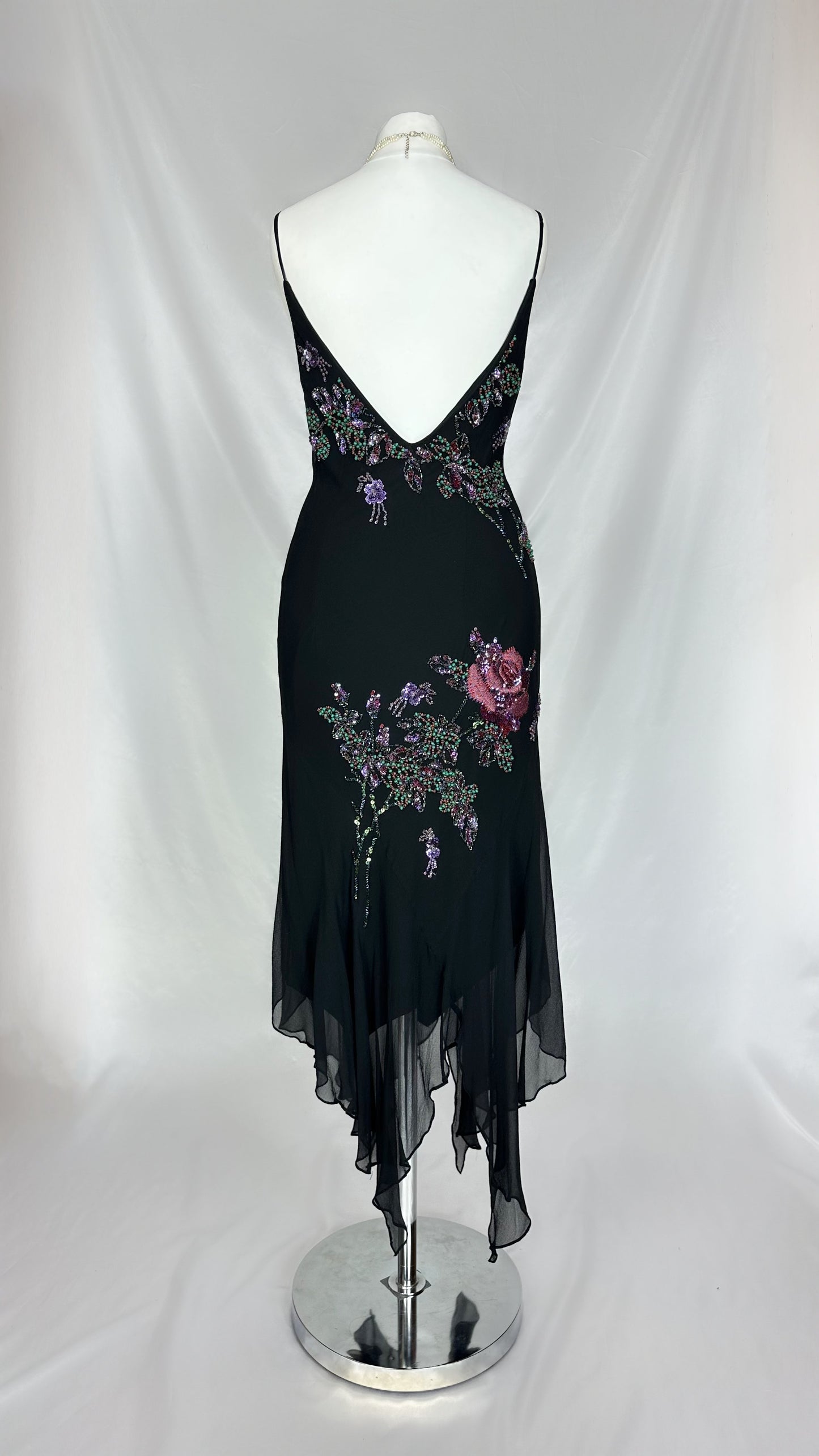 DARK FAIRY FLORAL EMBELLISHED BLACK MIDI SILK DRESS