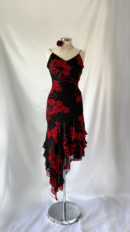 Beautiful 90s Red & Black Silk Devore Floral Midi Dress