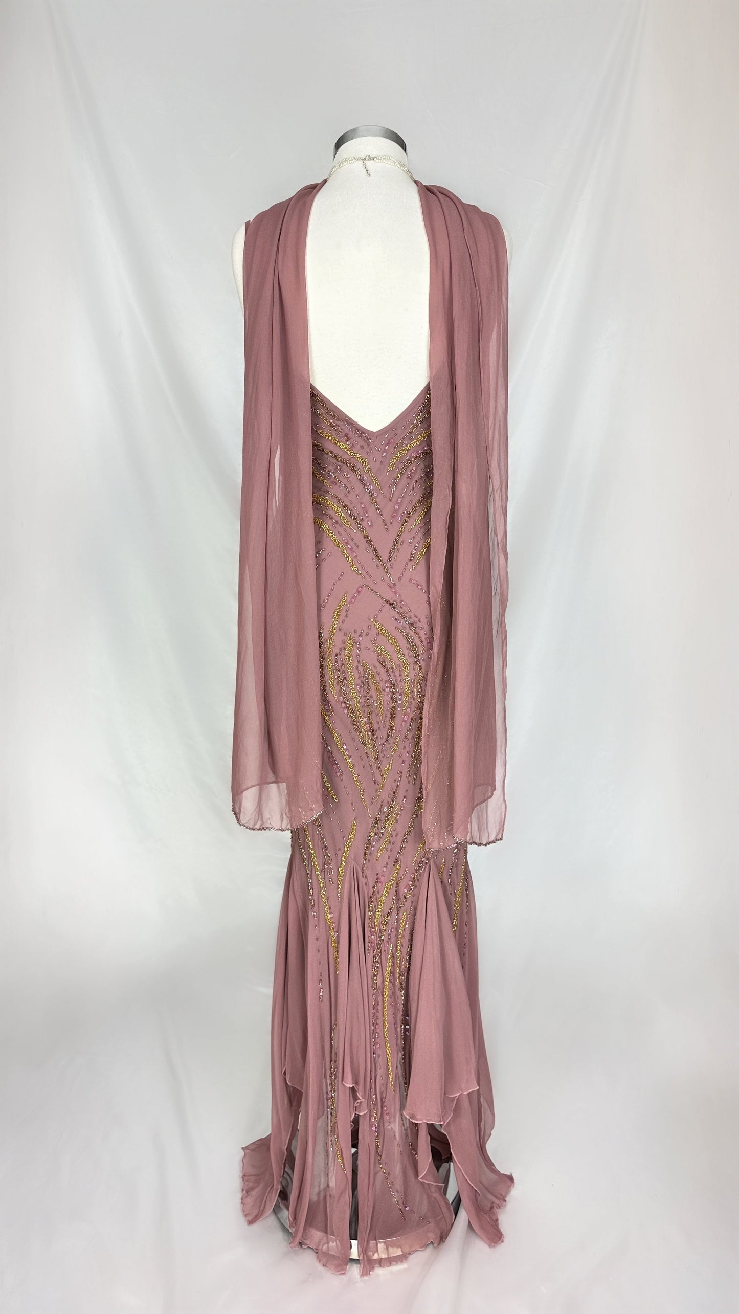 MUTED BLUSH MAUVE EMBELLISHED SILK GOWN & MATCHING SCARF SET