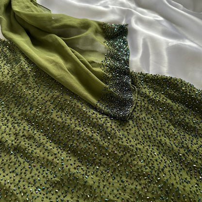 Enchanting Green Silk Highly Embellished Gown with Matching Shawl (S)