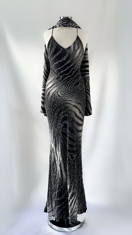 ZEBRA PRINT SILK EMBELLISHED BACKLESS GOWN & SCARF SET