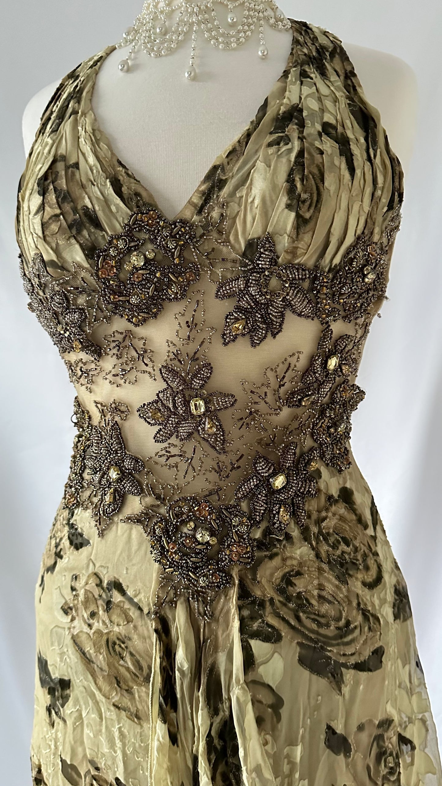 GOLDEN ROSE SILK DEVORE MESH WAIST EMBELLISHED GOWN