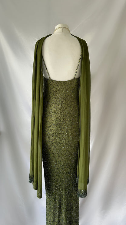 Enchanting Green Silk Highly Embellished Gown with Matching Shawl (S)