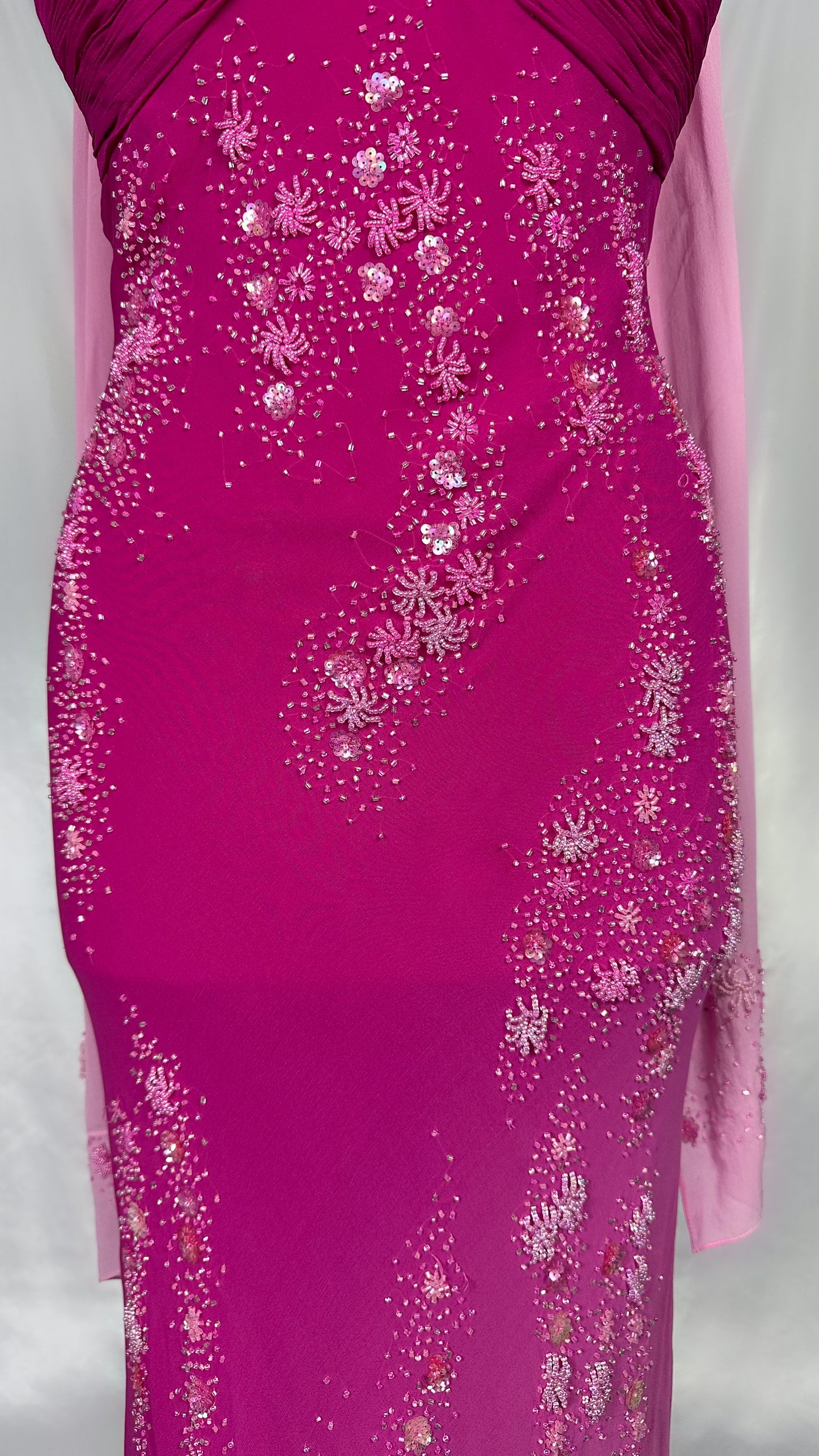 FUCHSIA BLOSSOMS EMBELLISHED SILK GOWN WITH MATCHING SCARF