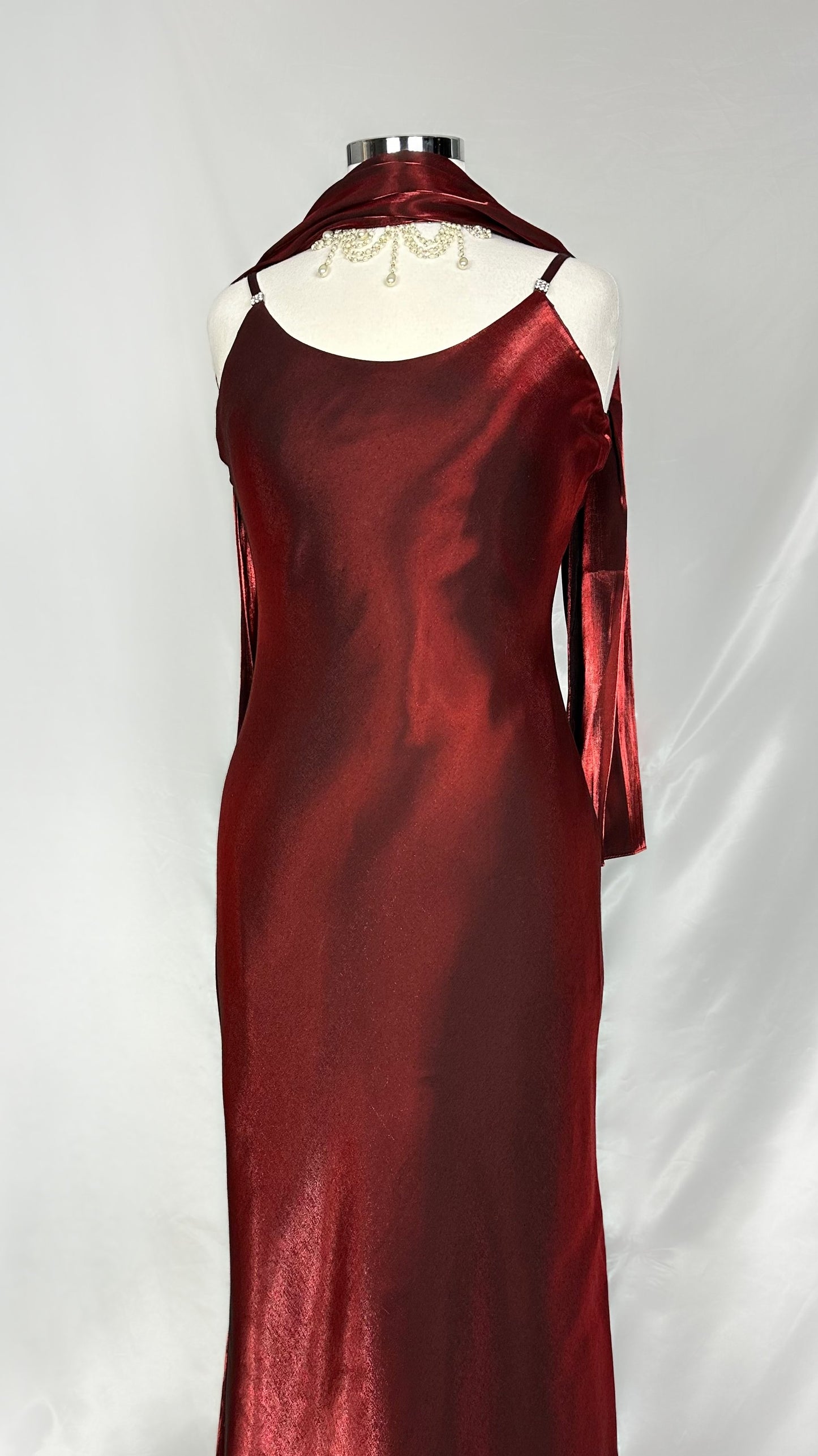 RED MERLOT IRIDESCENT BACKLESS GOWN WITH MATCHING SCARF