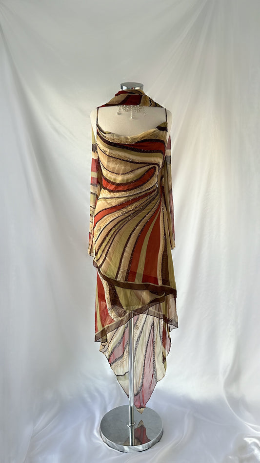 Vintage Retro 90s Swirl Silk Chiffon Asymmetrical Midi Dress Set
