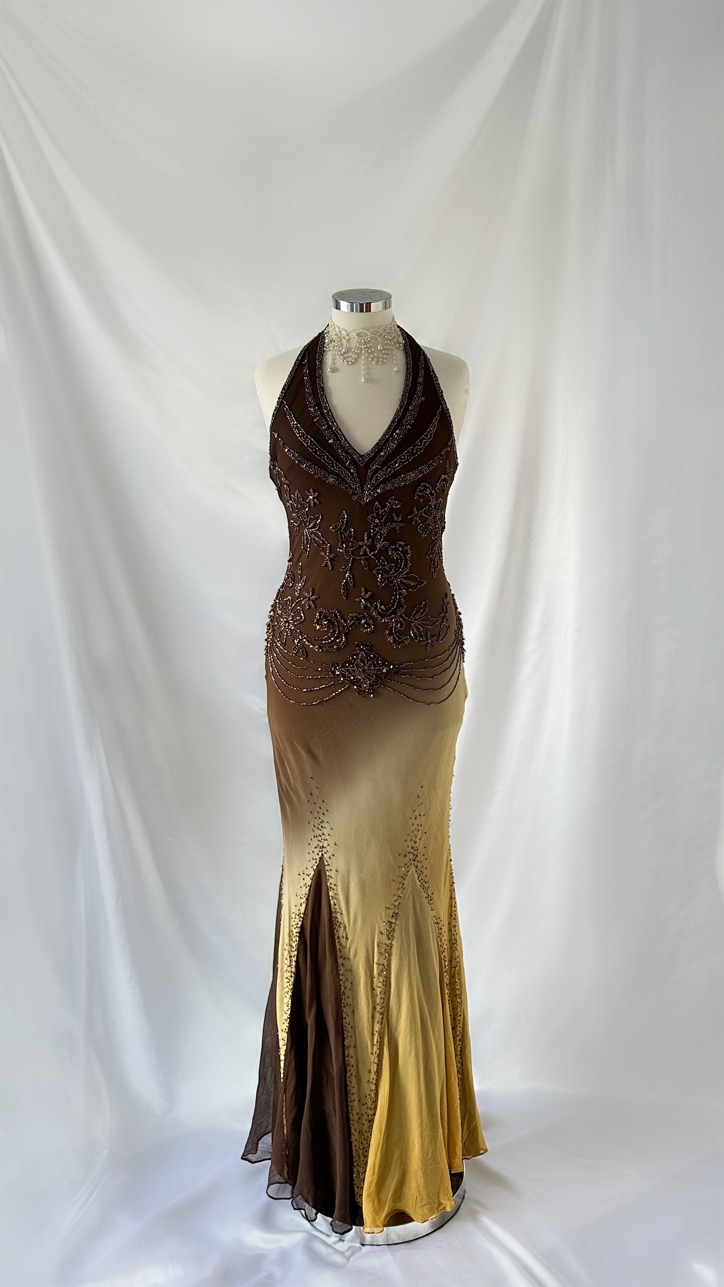 Old Hollywood Vintage Brown & Matte Gold Ombré Silk Embellished Gown