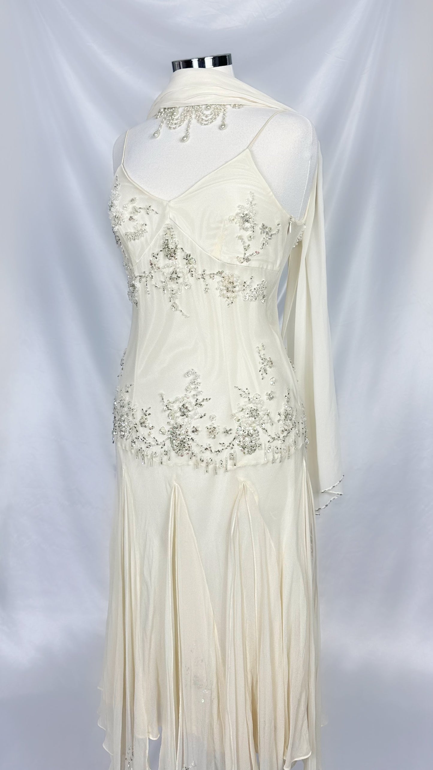 ETHEREAL EMBELLISHED IVORY SILK DRESS WITH MATCHING SCARF