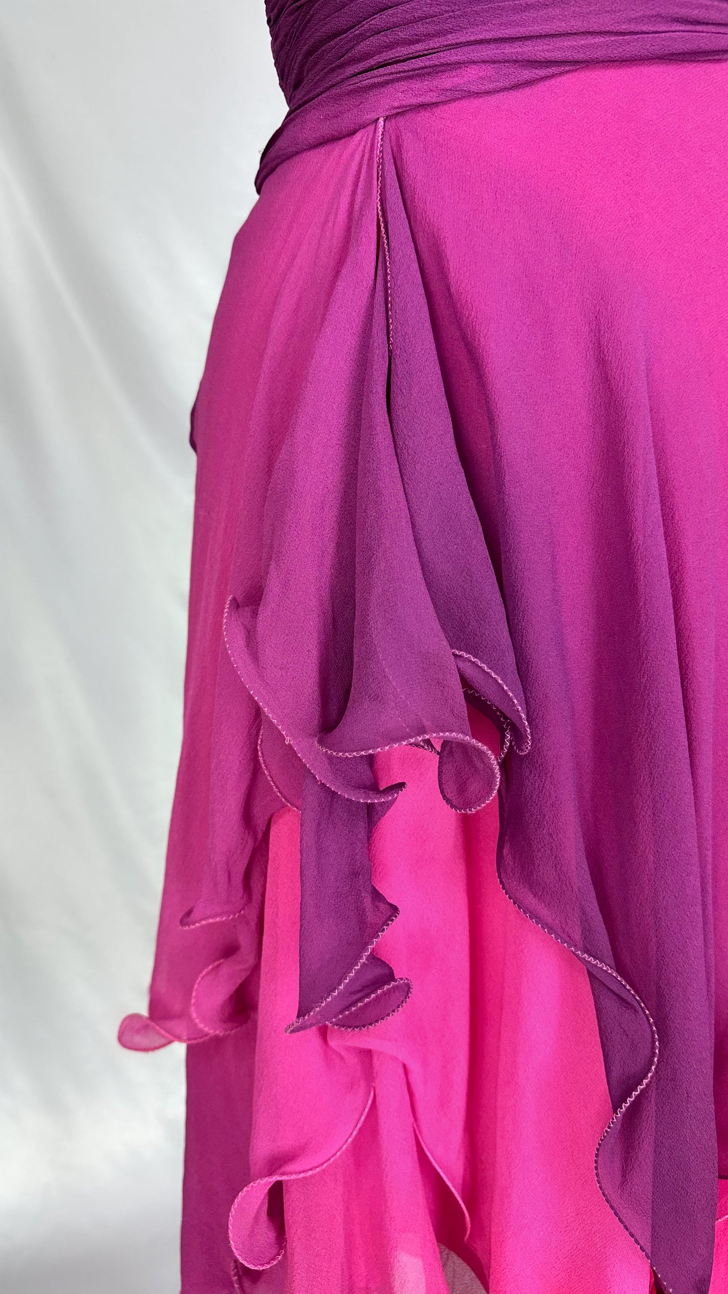 RUCHED RUFFLES PURPLE & PINK SILK MIDI DRESS